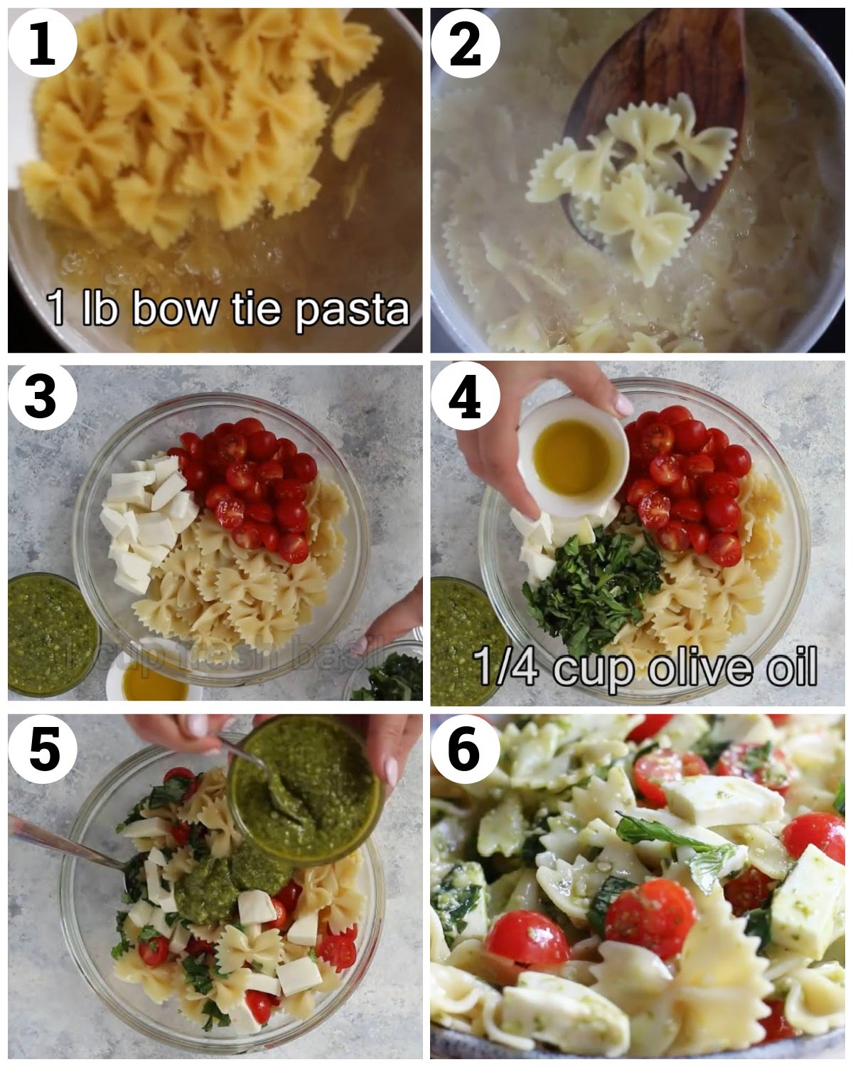 Cook the pasta and let it cool, add in mozzarella, tomatoes, basil, olive oil and pesto. Mix and chill in the fridge. 