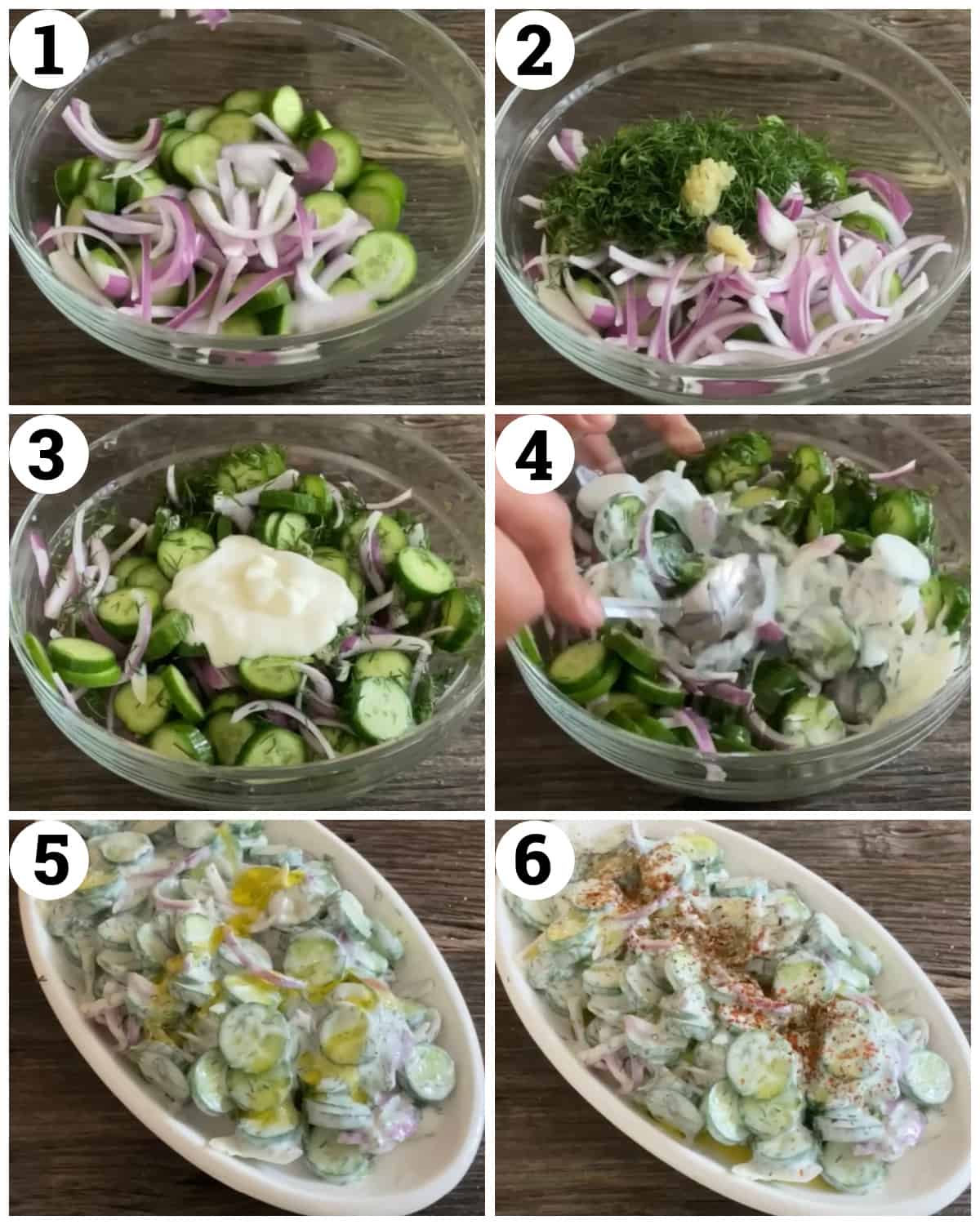 Mix the cucumber and red onion with the dill, vinegar, salt and pepper as well as yogurt. Top with olive oil and spices. 