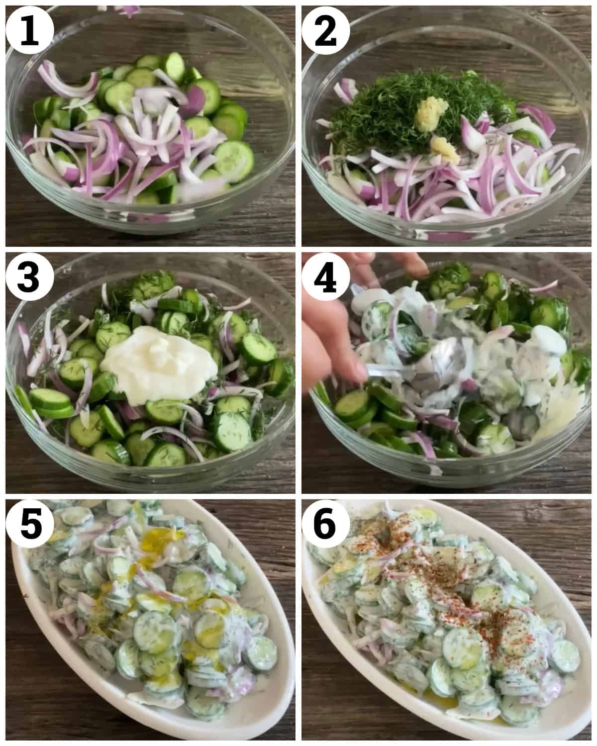 Step By Step Creamy Cucumber Salad Mix the cucumber and red onion with the dill, vinegar, salt and pepper as well as yogurt. Top with olive oil and spices.