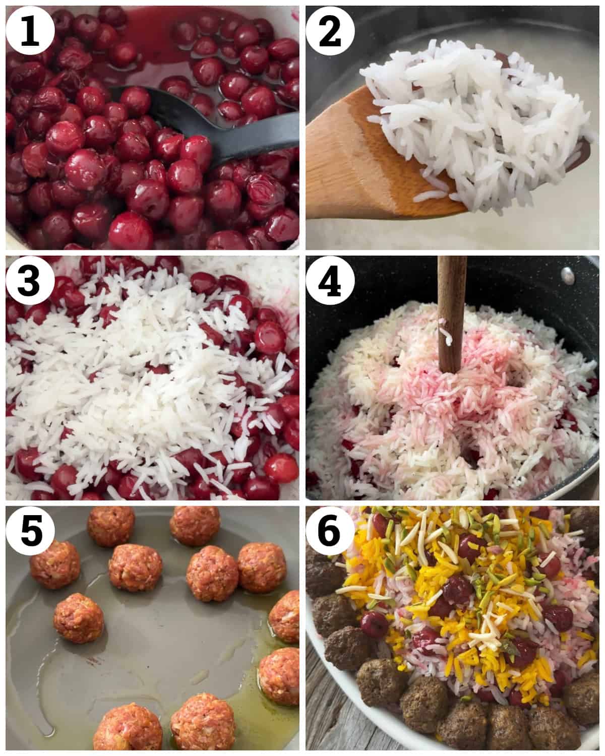 Cook the sour cherries, prepare the rice, layer and cook. Serve with meatballs. 