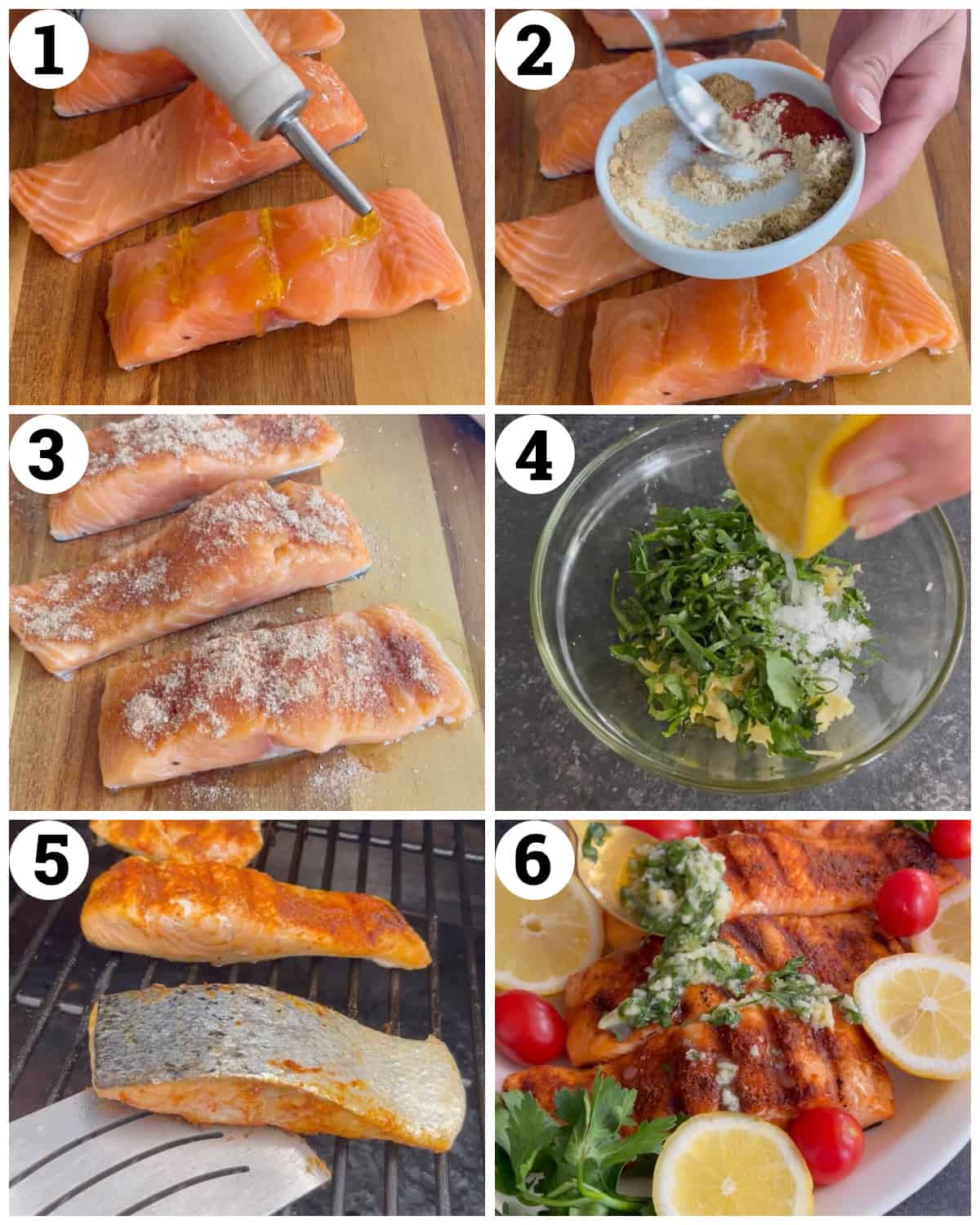 Season the salmon and make the lemon garlic sauce. Grill the salmon and top with the sauce. 