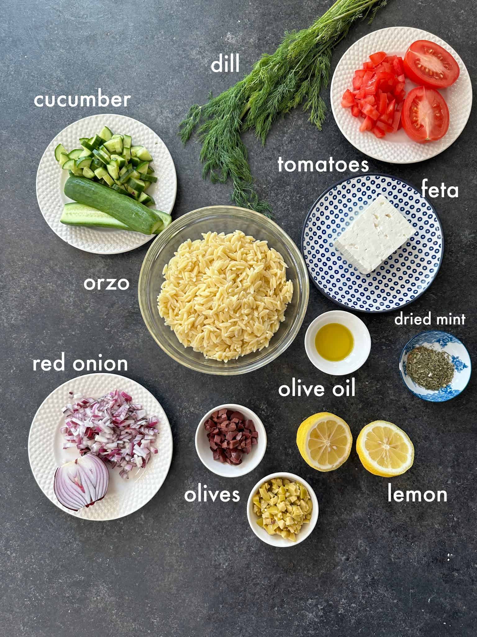 To make this recipe you need cooked orzo, cucumbers, red onion, dill, mint, feta, olives and tomatoes. 