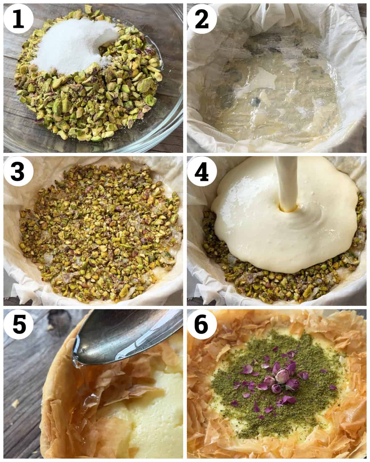 Mix the pistachios with the sugar and set aside. Line the pan with phyllo dough and brush with butter. Top with pistachios. Make the batter and bake in the oven for 50 minutes then chill in the fridge for 8 hours. 