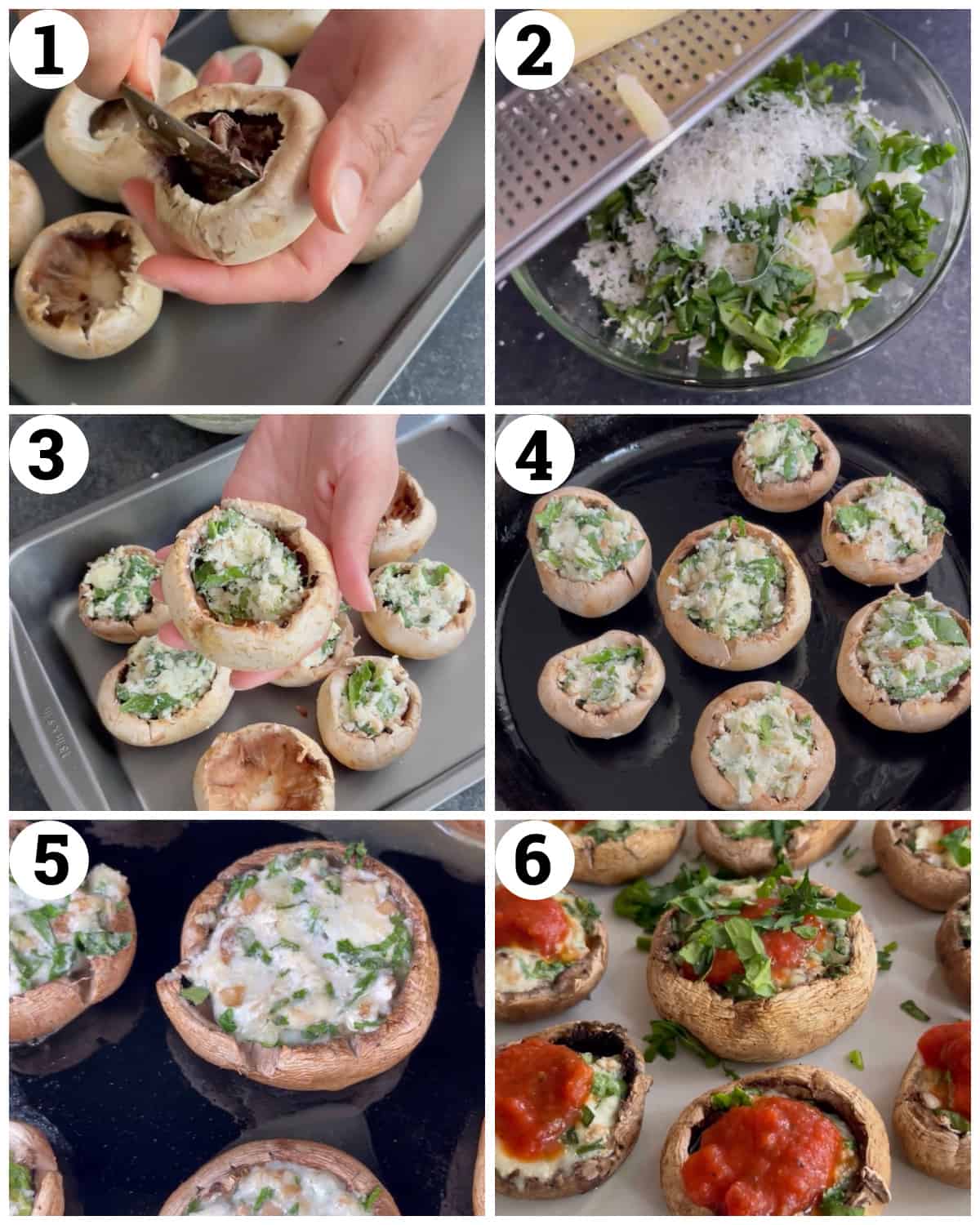 Empty the mushrooms and fill them with cheese and herbs then grill and serve with marinara sauce.