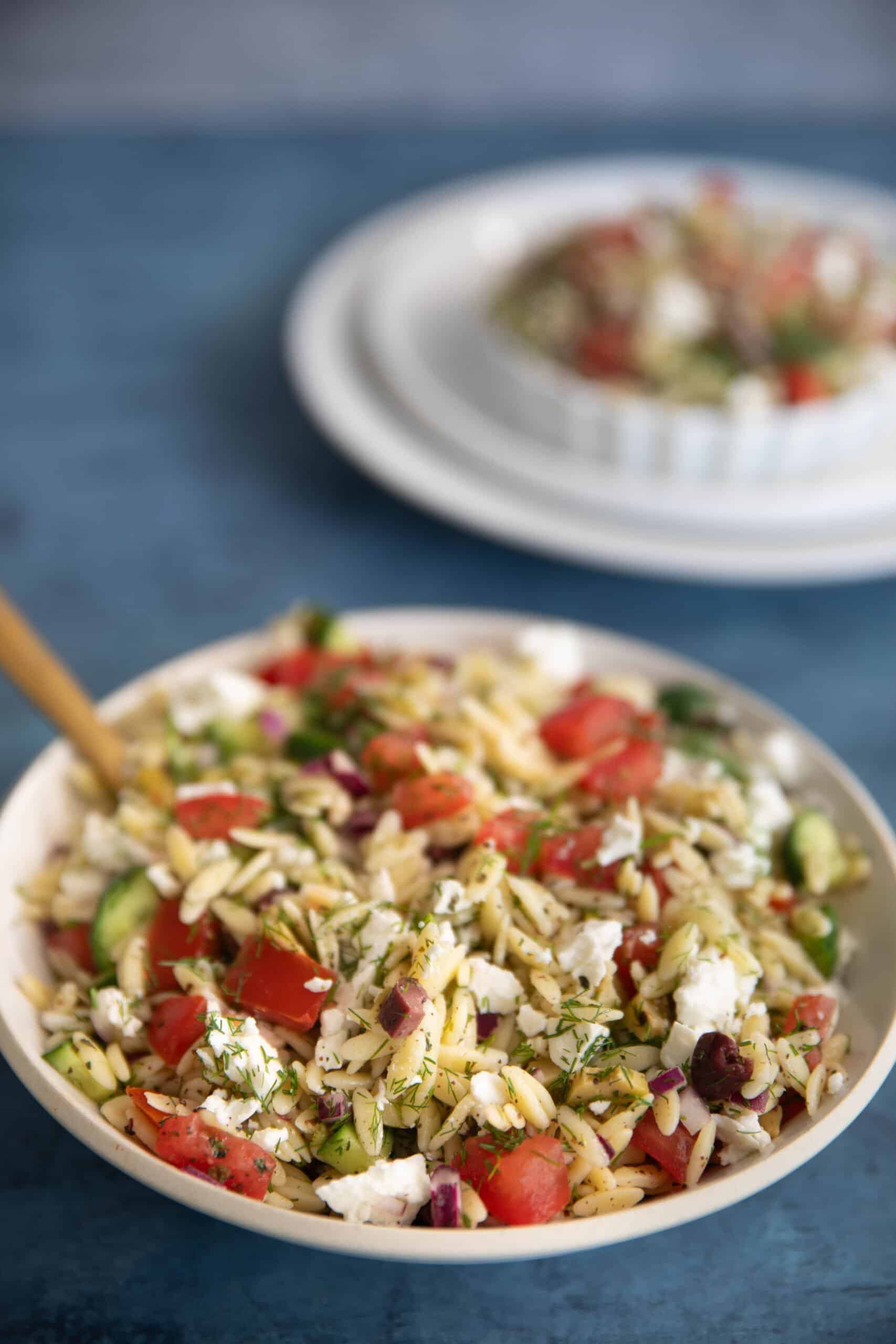 Close up shot of a bowl of orzo pasta salad. 