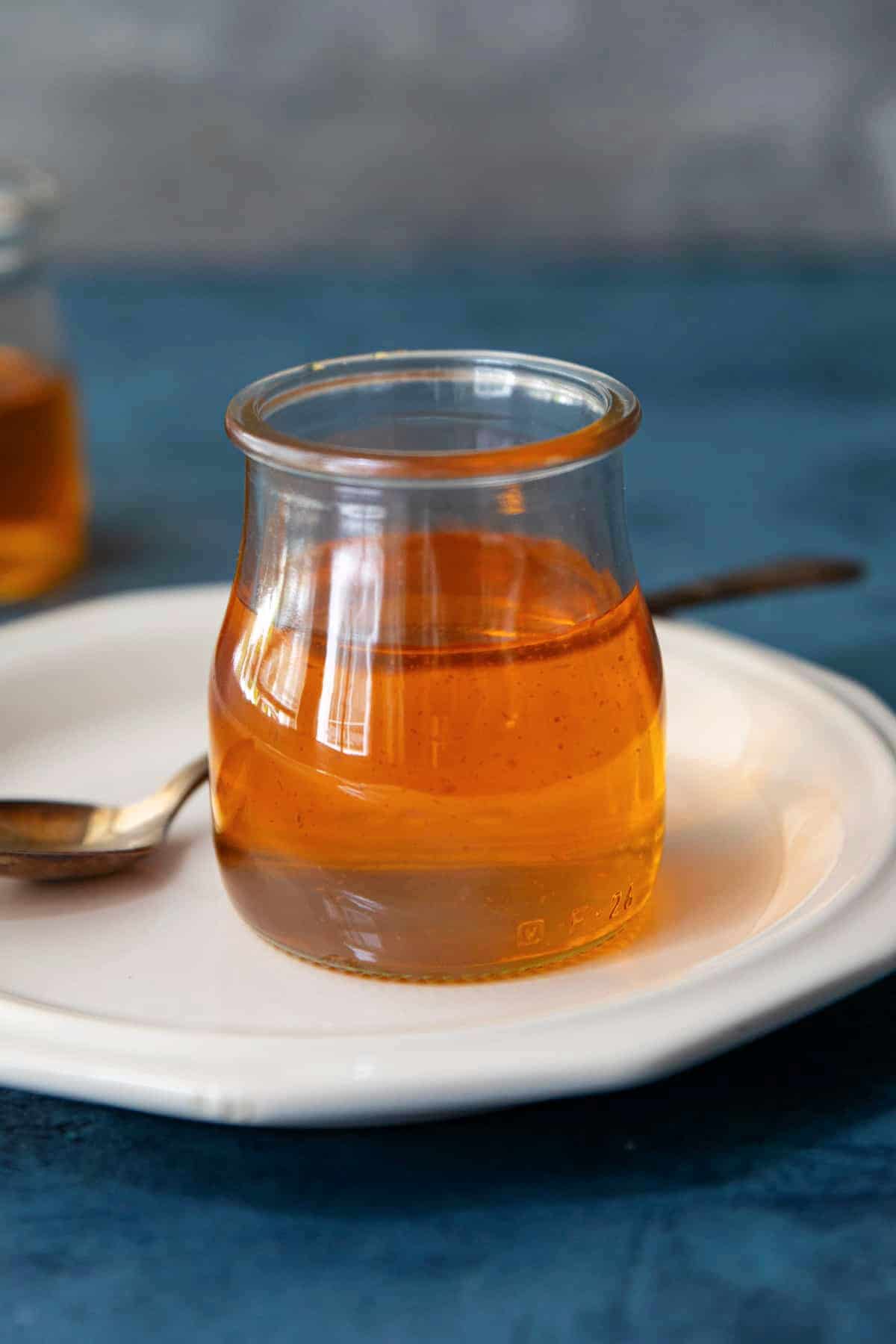 close up shot of saffron simple syrup. 