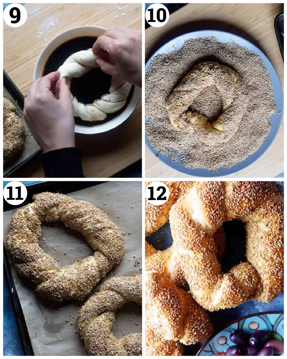 Dip the simit in molasses and then sesame seeds. Bake in the oven for 12 minutes.  