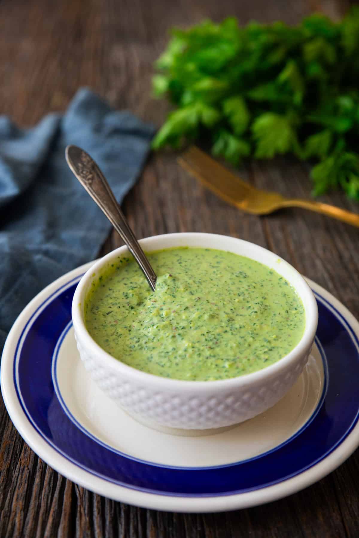 Close up shot of green goddess dressing. 