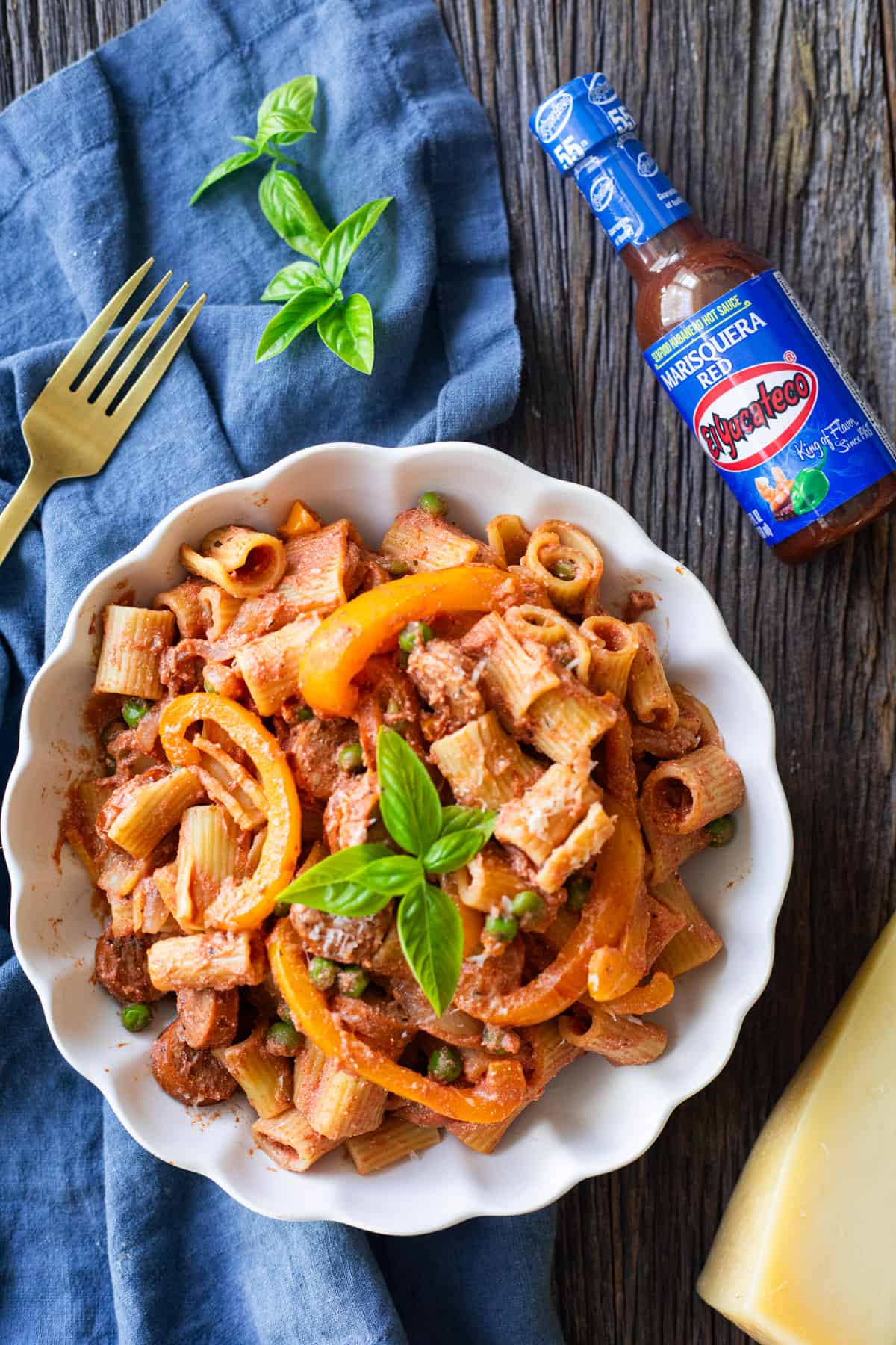 Overhead shot of the pasta with sausage.
