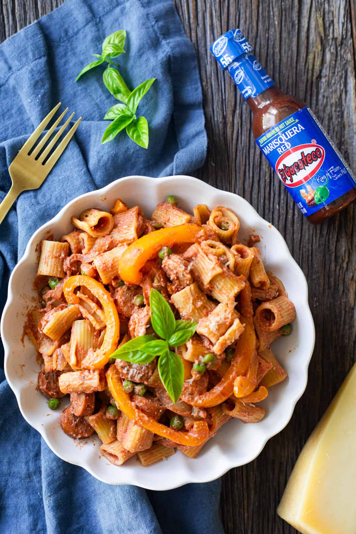 Overhead shot of the pasta with sausage. 