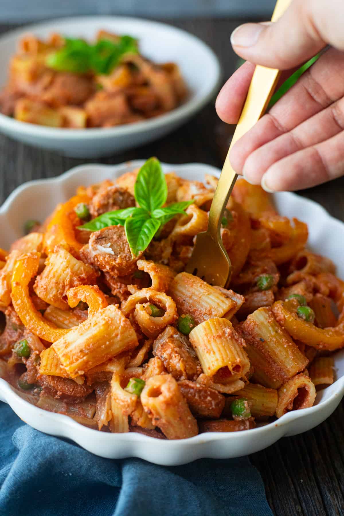 Front shot of sausage pasta. 