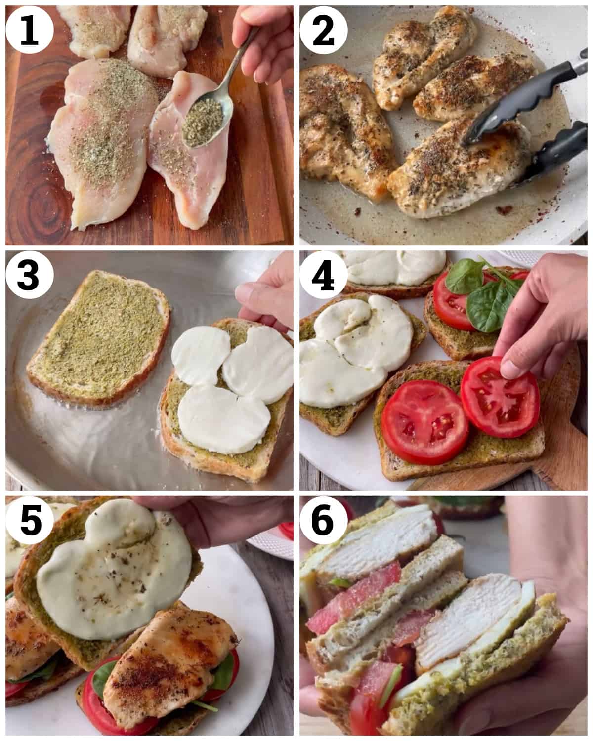 Season and sear the chicken breasts then spread pesto on both breads and top one with mozzarella. Sear until cheese is melted then top with the tomatoes and chicken. Close up and slice the sandwich. 