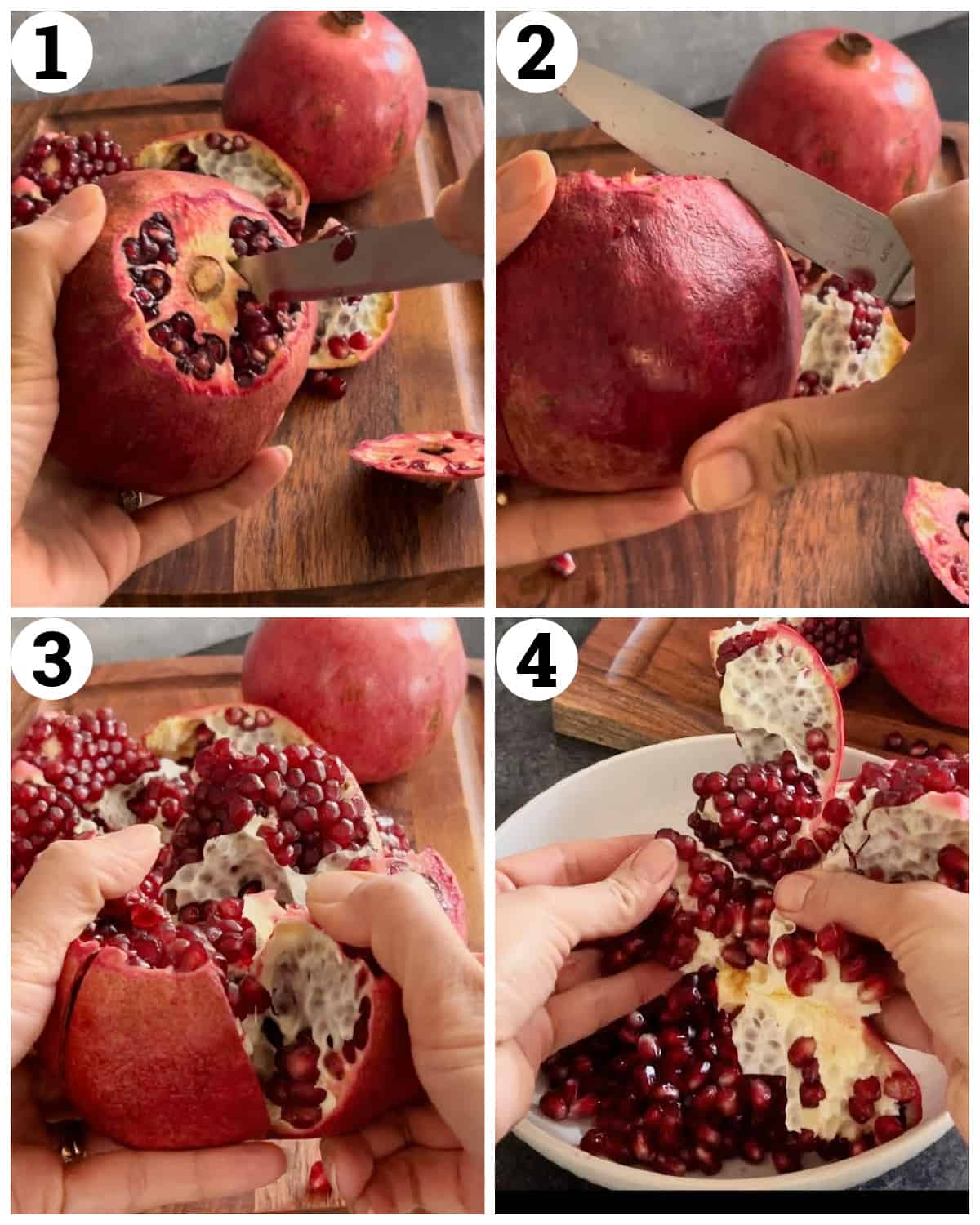 Cut the top of the pomegranate and cut through the ridges. Pry open and remove the seeds.