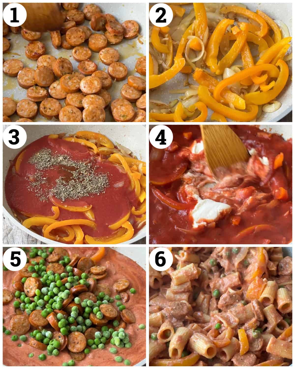 Saute the sausage, saute the veggies and add the passata with the spices. Add the ricotta and finish with the sausage and peas. Then add the pasta and stir.