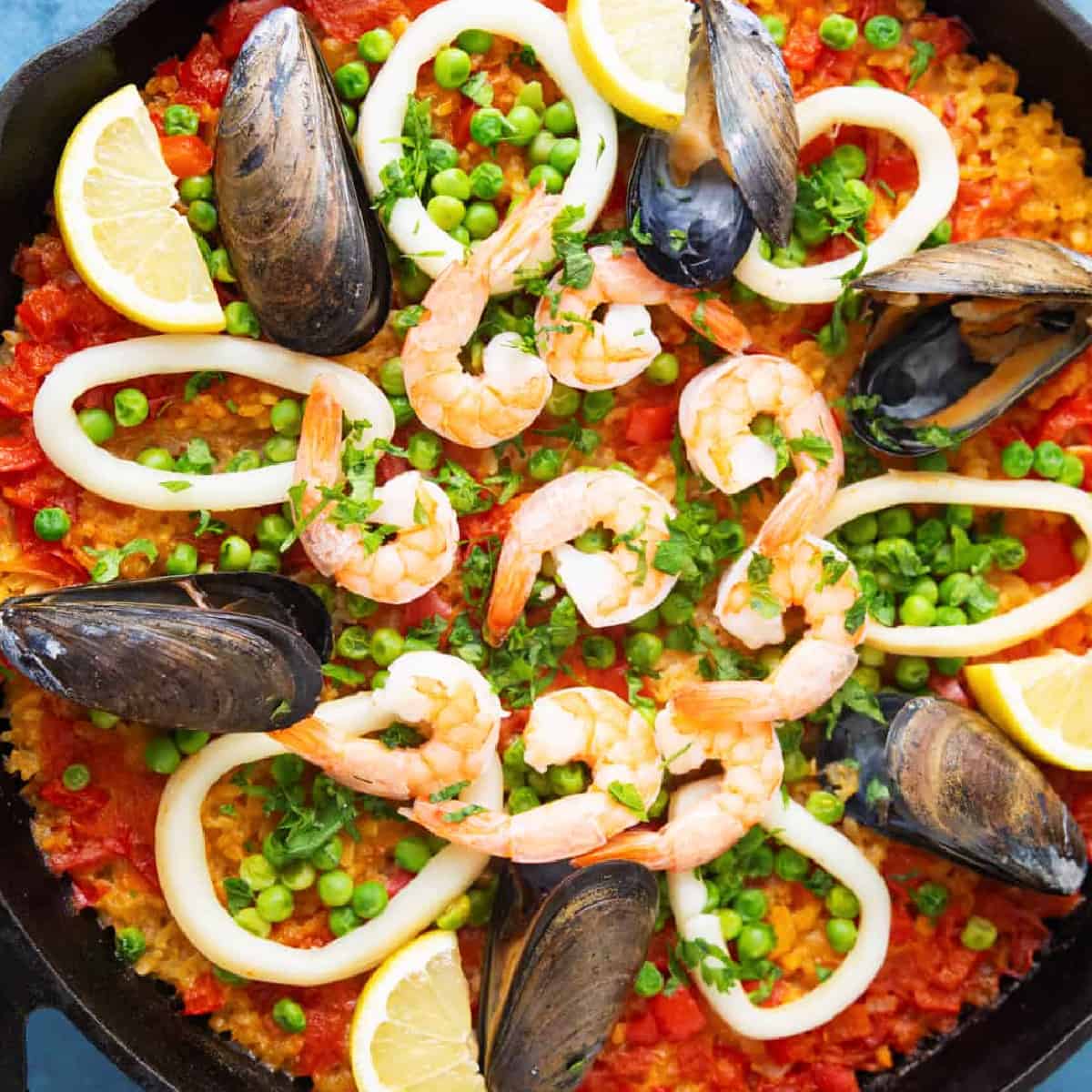 Easy seafood paella in a pan.