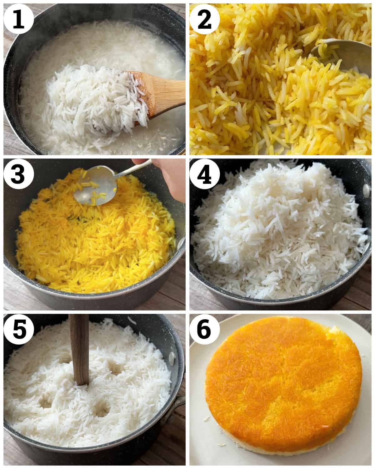 Parboil the rice and mix ½ cup with saffron. Press it at the bottom of the pot and top with more rice. Pour in the butter, wrap the lid in a kitchen towel  and cook for 25 minutes. 