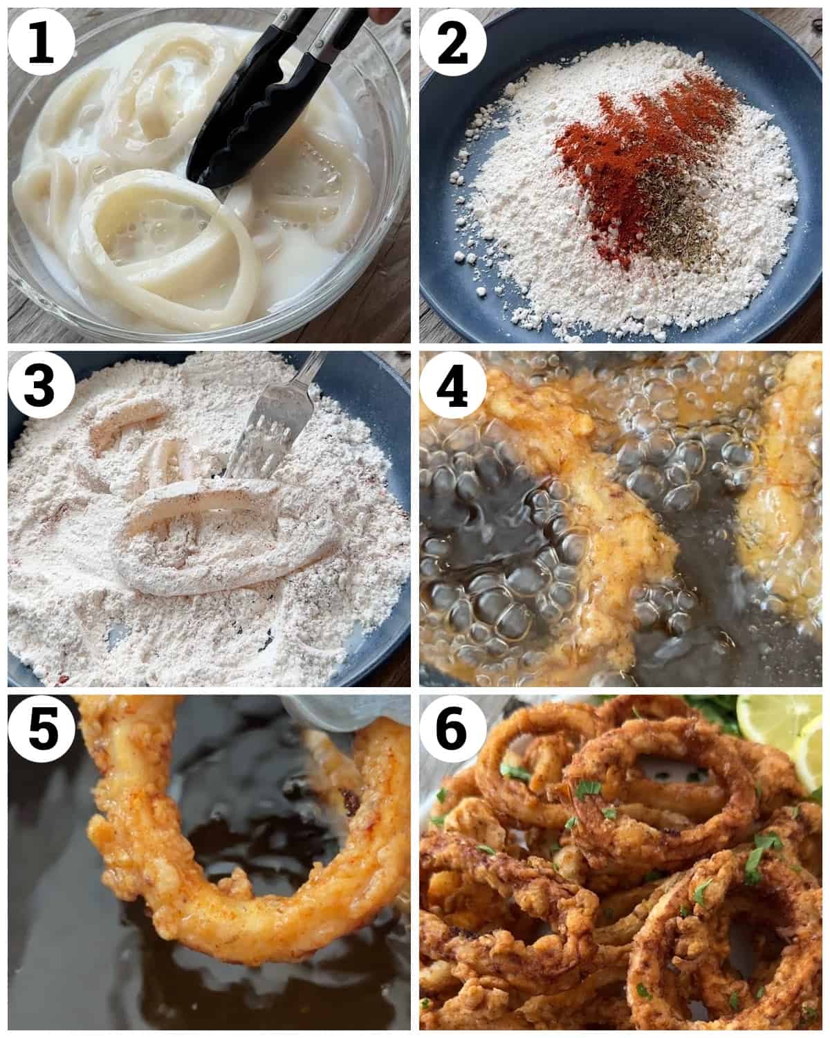 Soak the calamari rings in milk then dredge in flour and fry until crispy. 