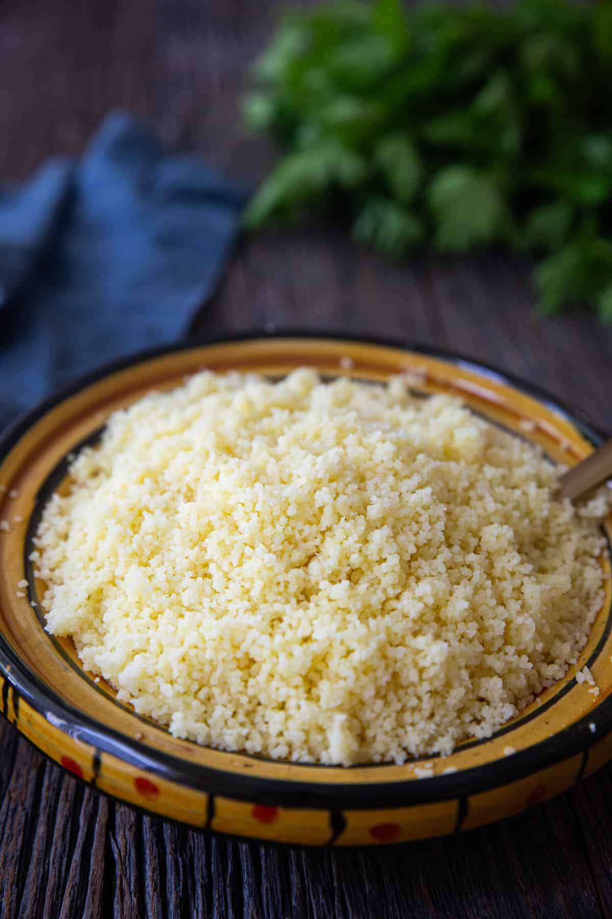 Front shot of cooked couscous. 