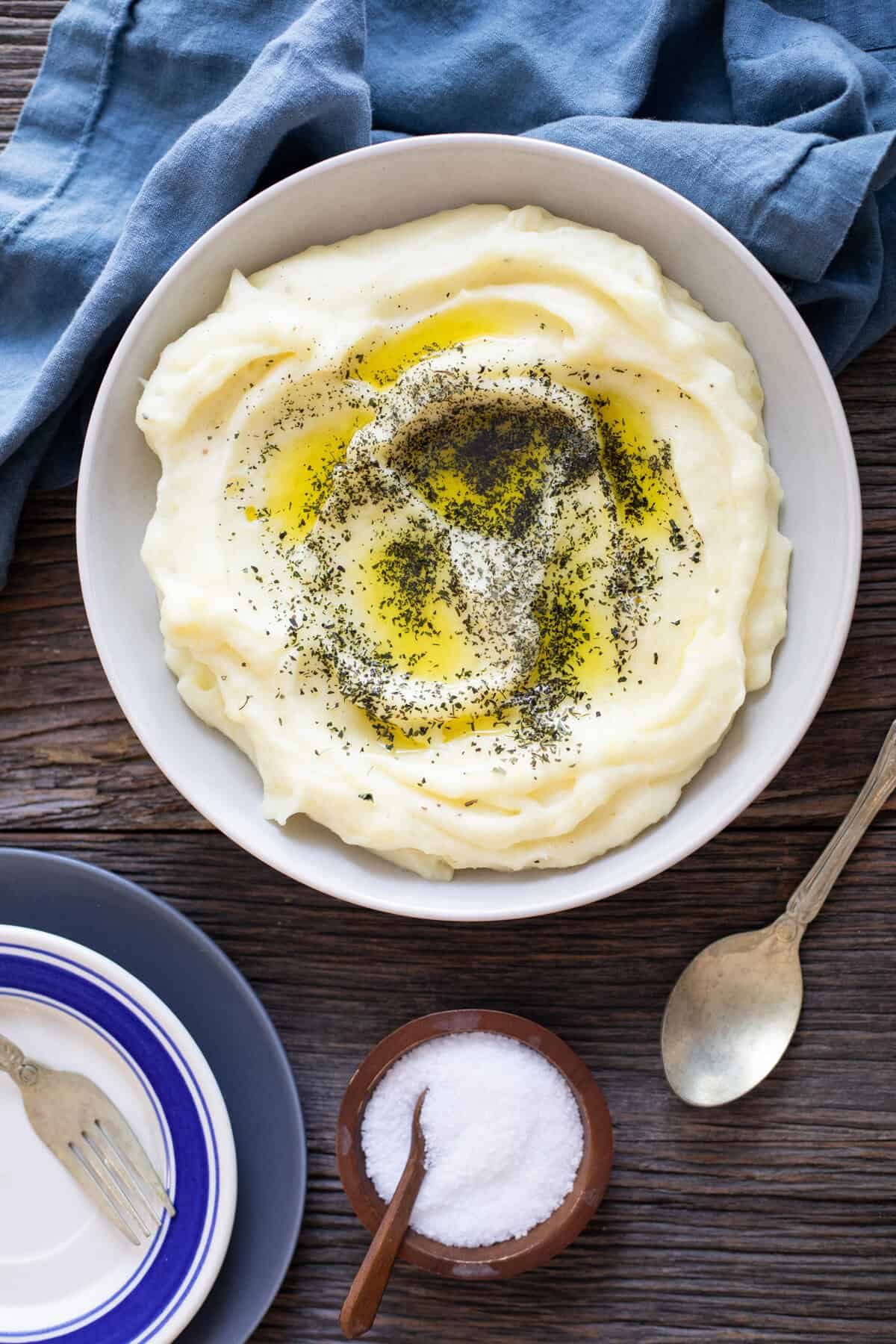 Overhead shot of mashed potatoes made with olive oil.