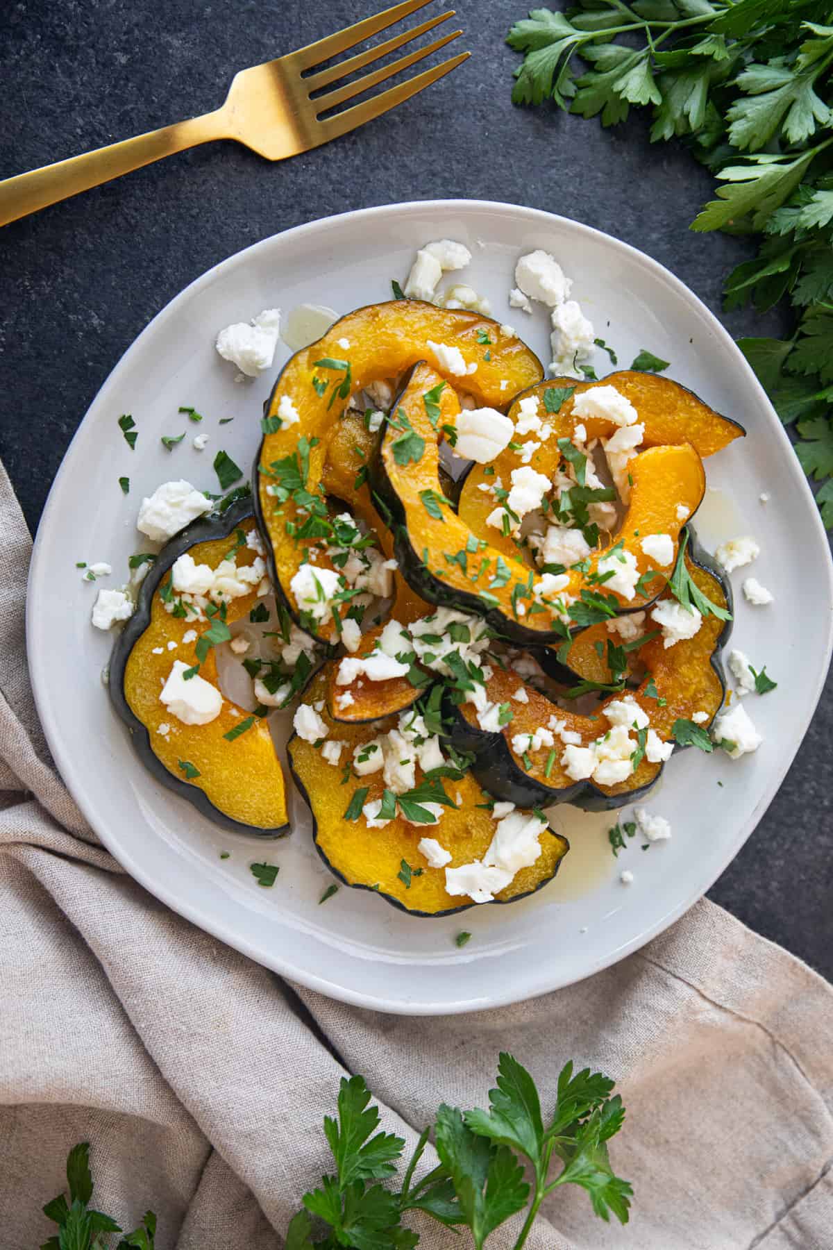 Overhead shot of roasted acorn squash. 