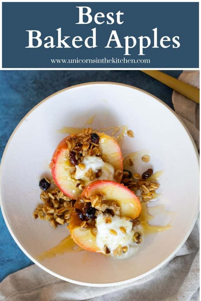 Baked apples are the perfect treat for fall. Juicy apples are filled with a delicious oatmeal, walnut and raisin filling then baked to perfection. Serve with a dollop of yogurt and a drizzle of honey.