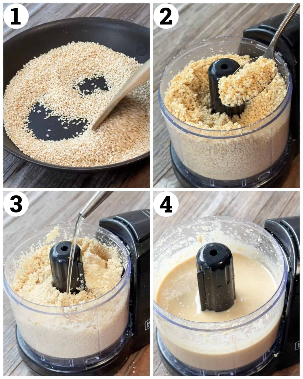 Toast the sesame seeds, blend and add oil, then blend more and store. 