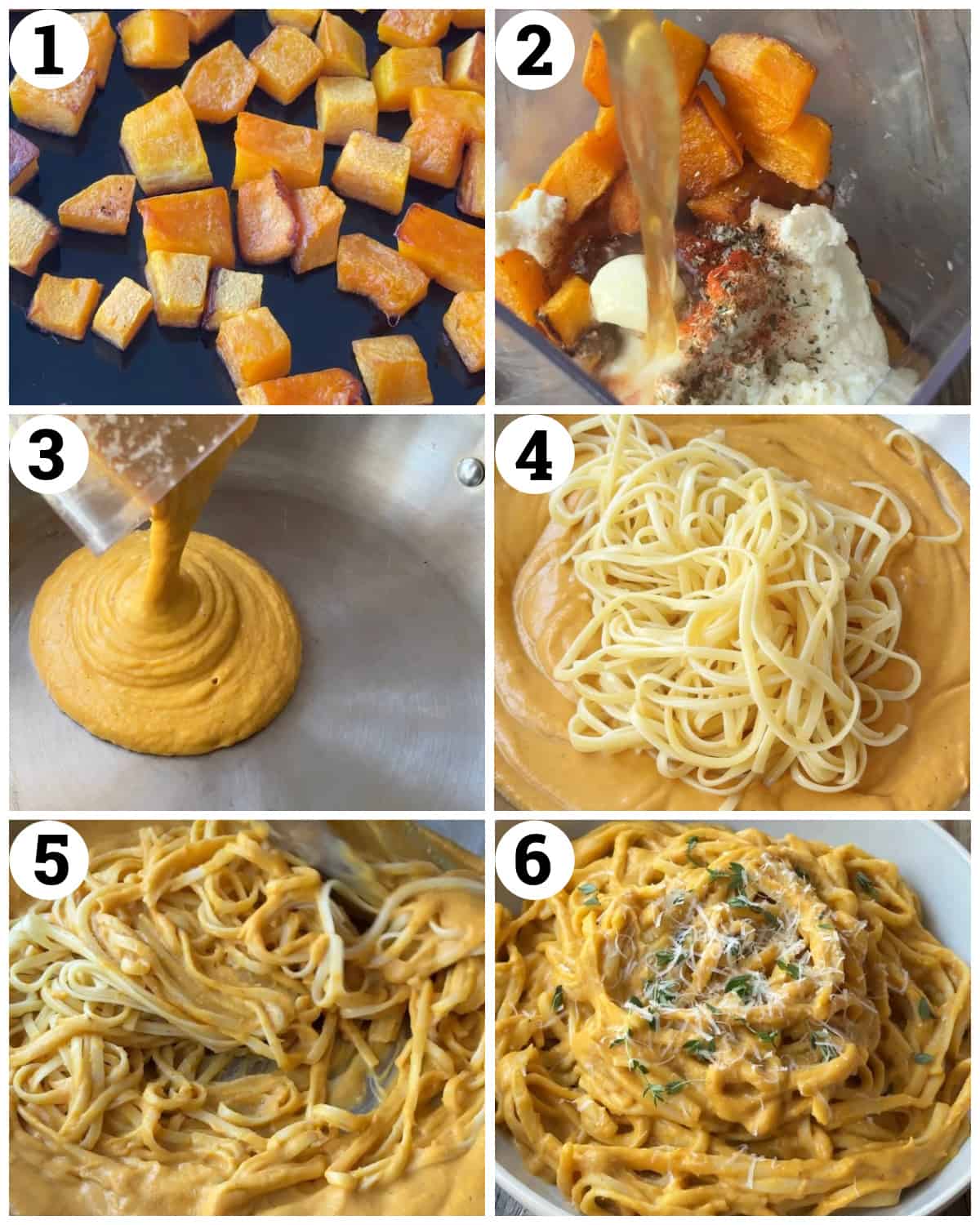 Roast the butternut squash, blend with the cheese and spices, heat and add the pasta and mix. 