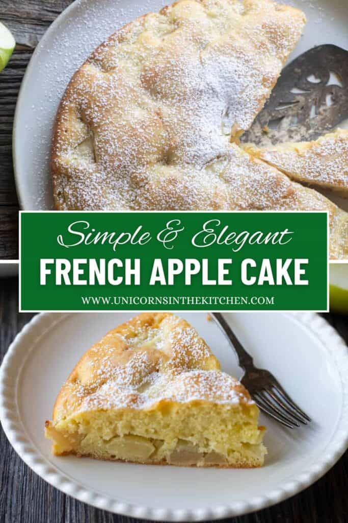 French apple cake is an easy elegant dessert made with simple ingredients. Every slice of this moist cake is filled with chunks of apple, making it a delicious dessert for any occasion!