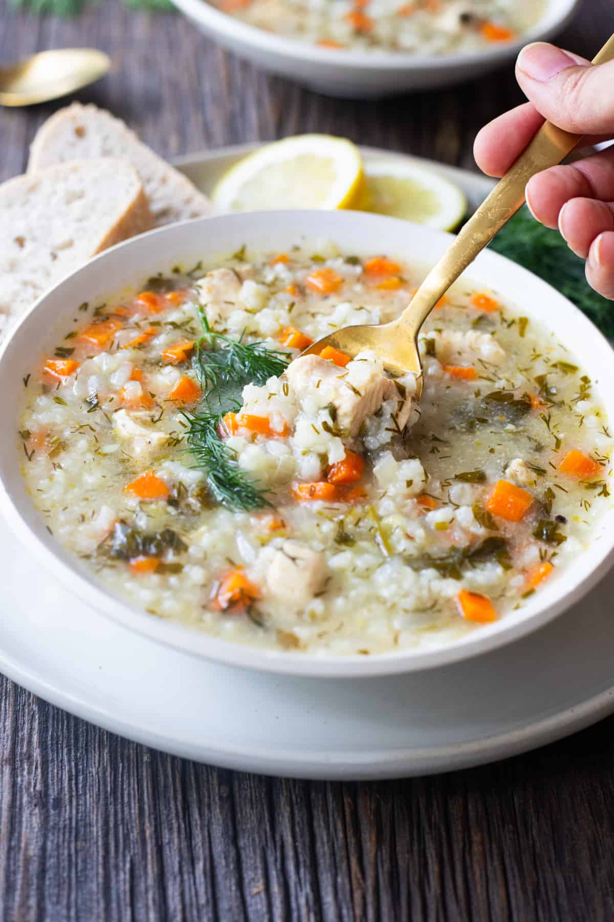 Front shot of lemon chicken and rice soup .