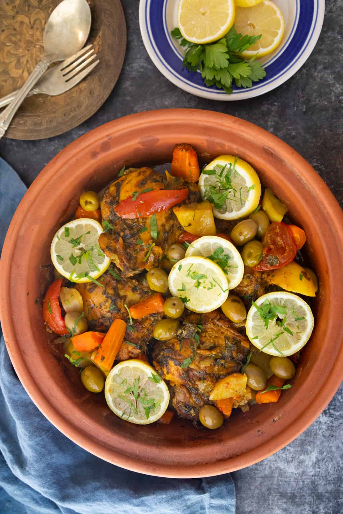 Chicken tagine in a tagine pot.