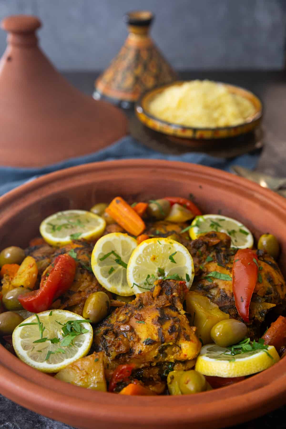 Front shot of tagine and couscous. 