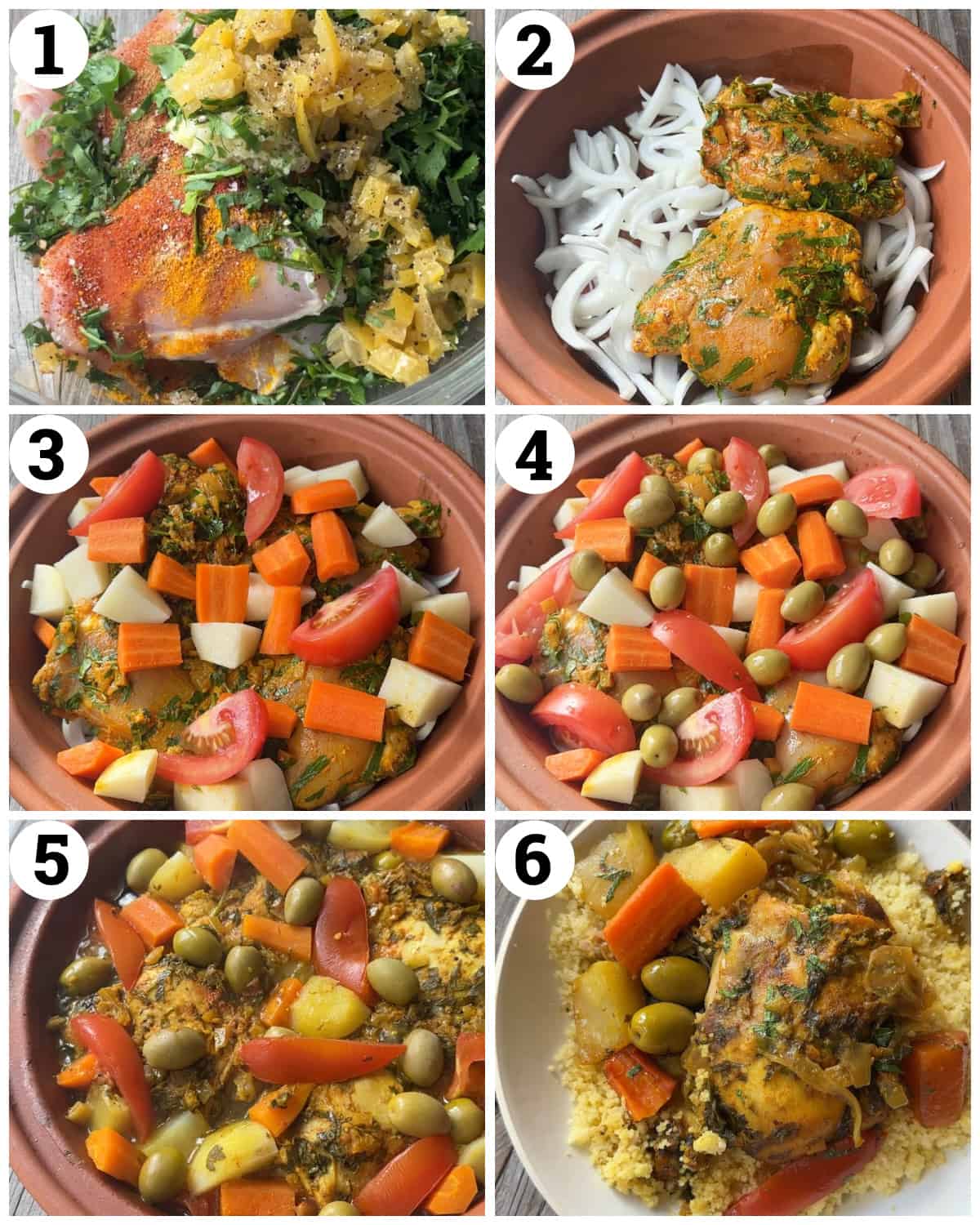 Moroccan chicken tagine, marinate the chicken, arrange the chicken on the onion and add the rest of the vegetables and cook. 