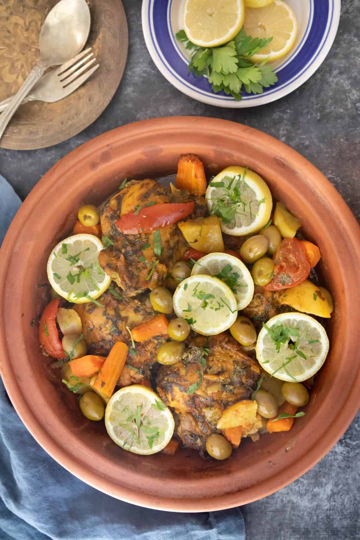 Chicken tagine in a tagine pot.