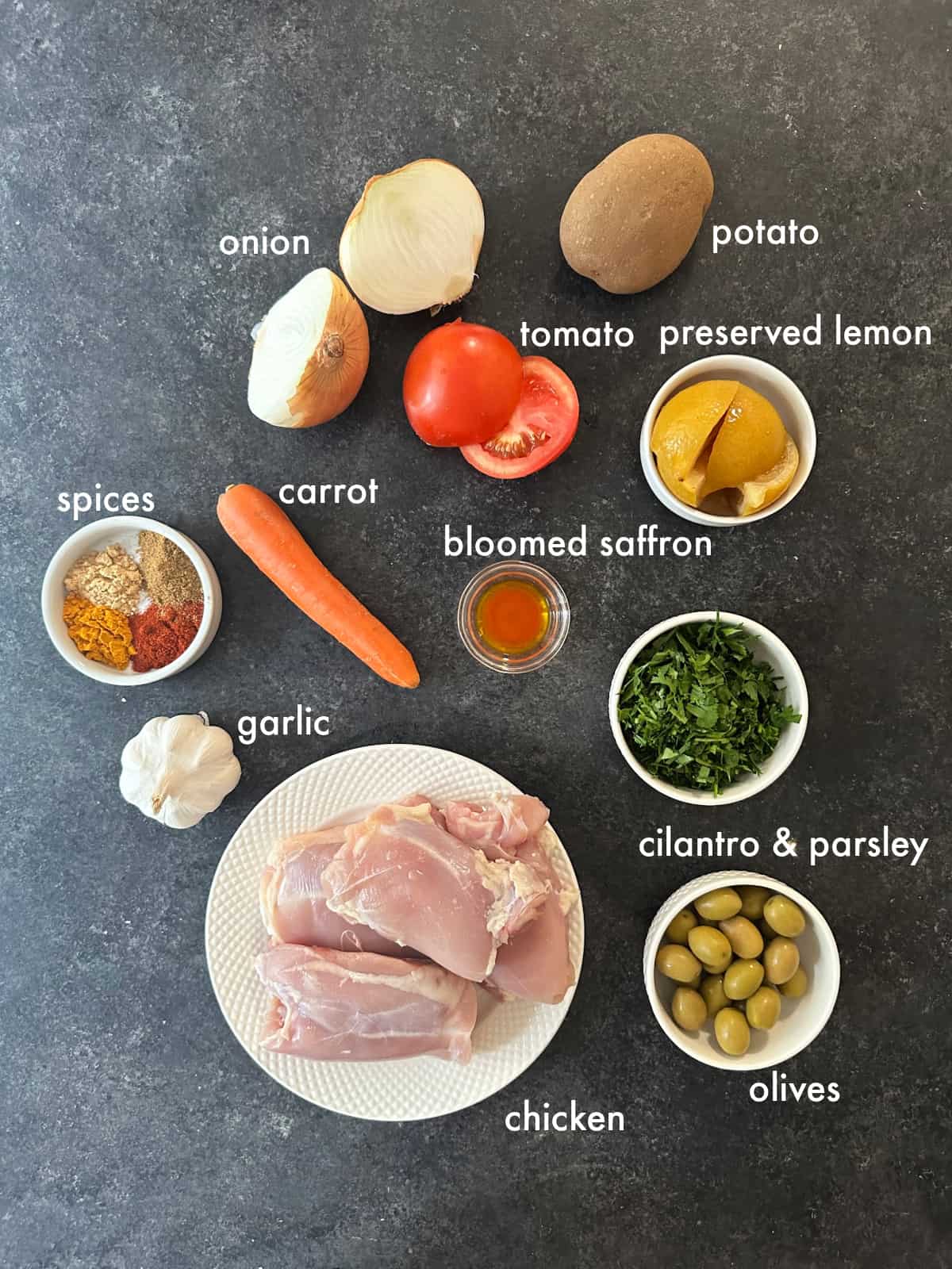 To make chicken tagine you need chicken, spices, garlic, herbs, olive oil. vegetables and preserved lemon. 