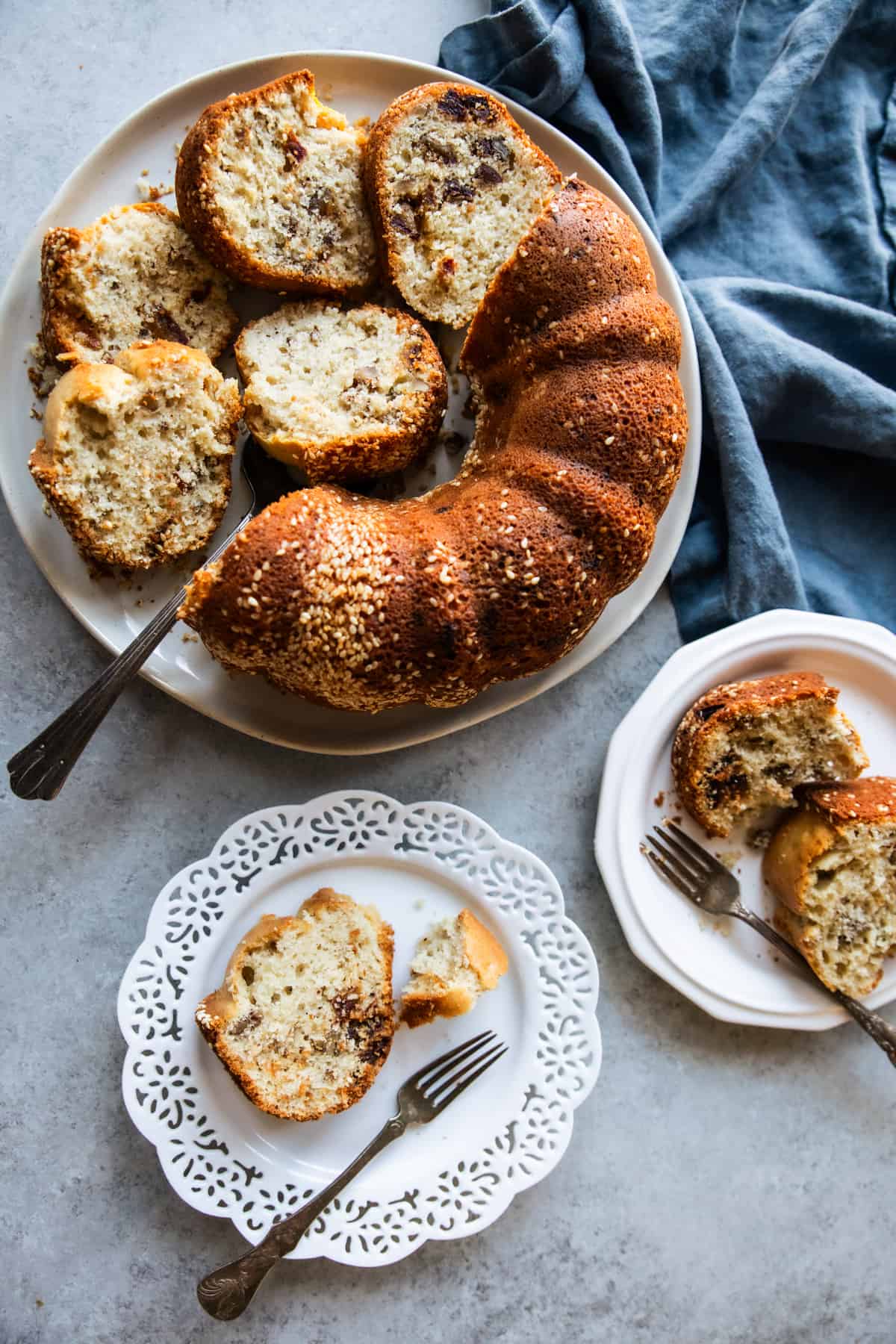 Overhead shot of date cake with tahini.