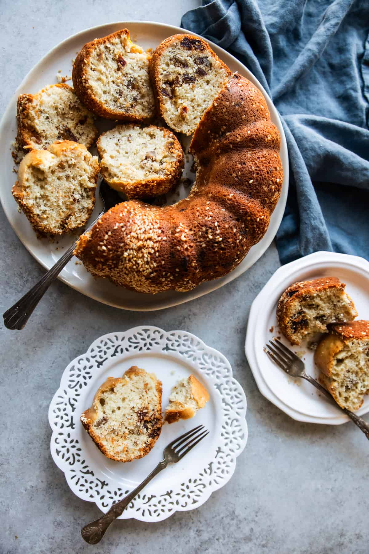 Overhead shot of date cake with tahini. 