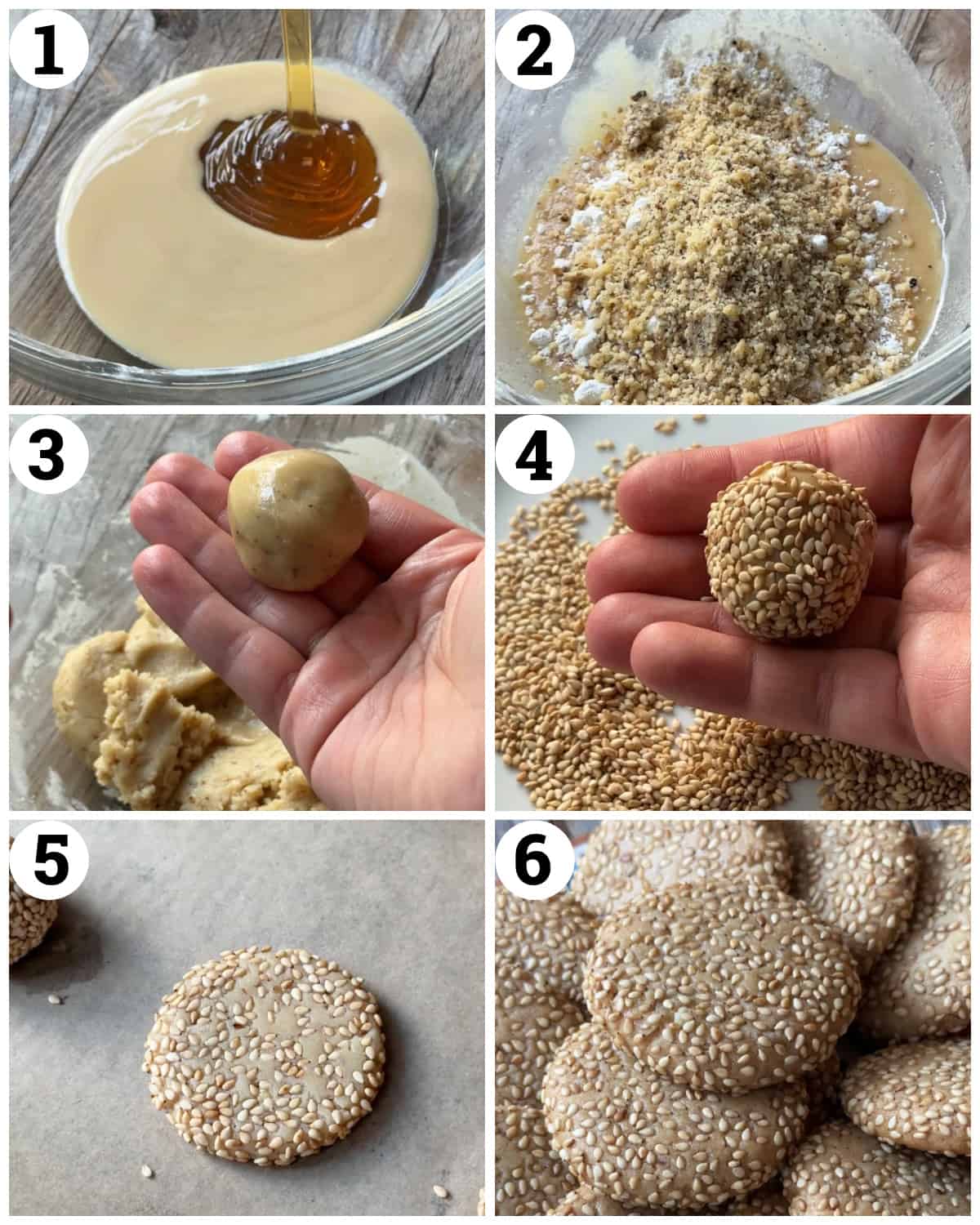 Mix the tahini and honey then add the flour and walnuts. Roll the cookie dough balls in sesame seeds, flatten and bake. 