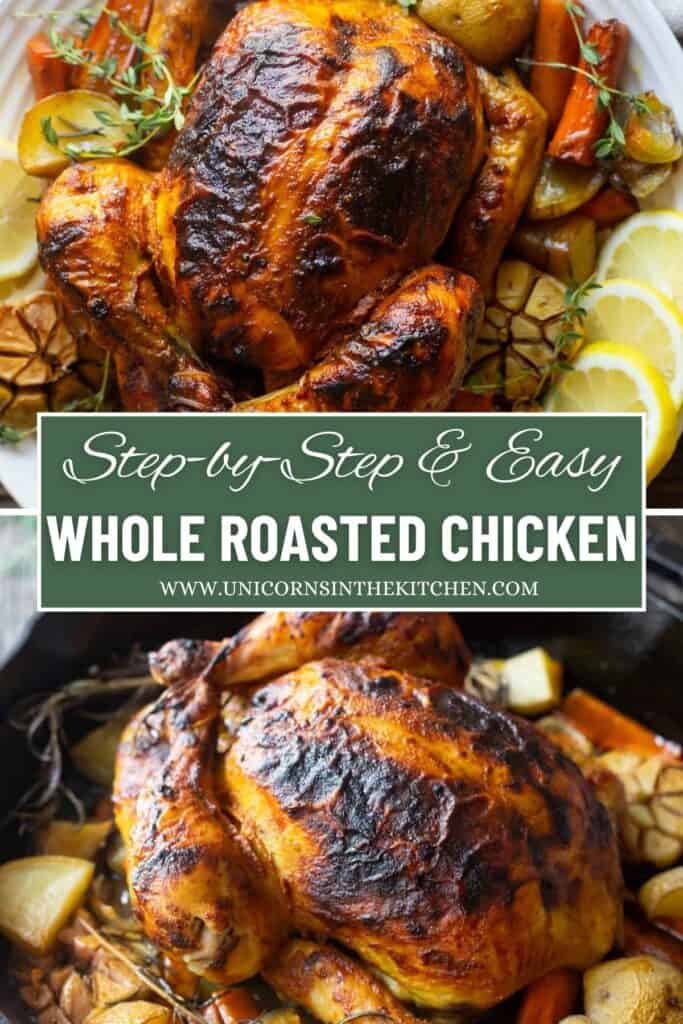 This easy roasted chicken recipe is perfect for every cook. Learn how to roast a chicken that's juicy and tender with golden crispy skin and so much flavor in every bite. This recipe is easy enough for a family meal and fancy enough for company! You can serve it with a variety of sides including salads and rice dishes.