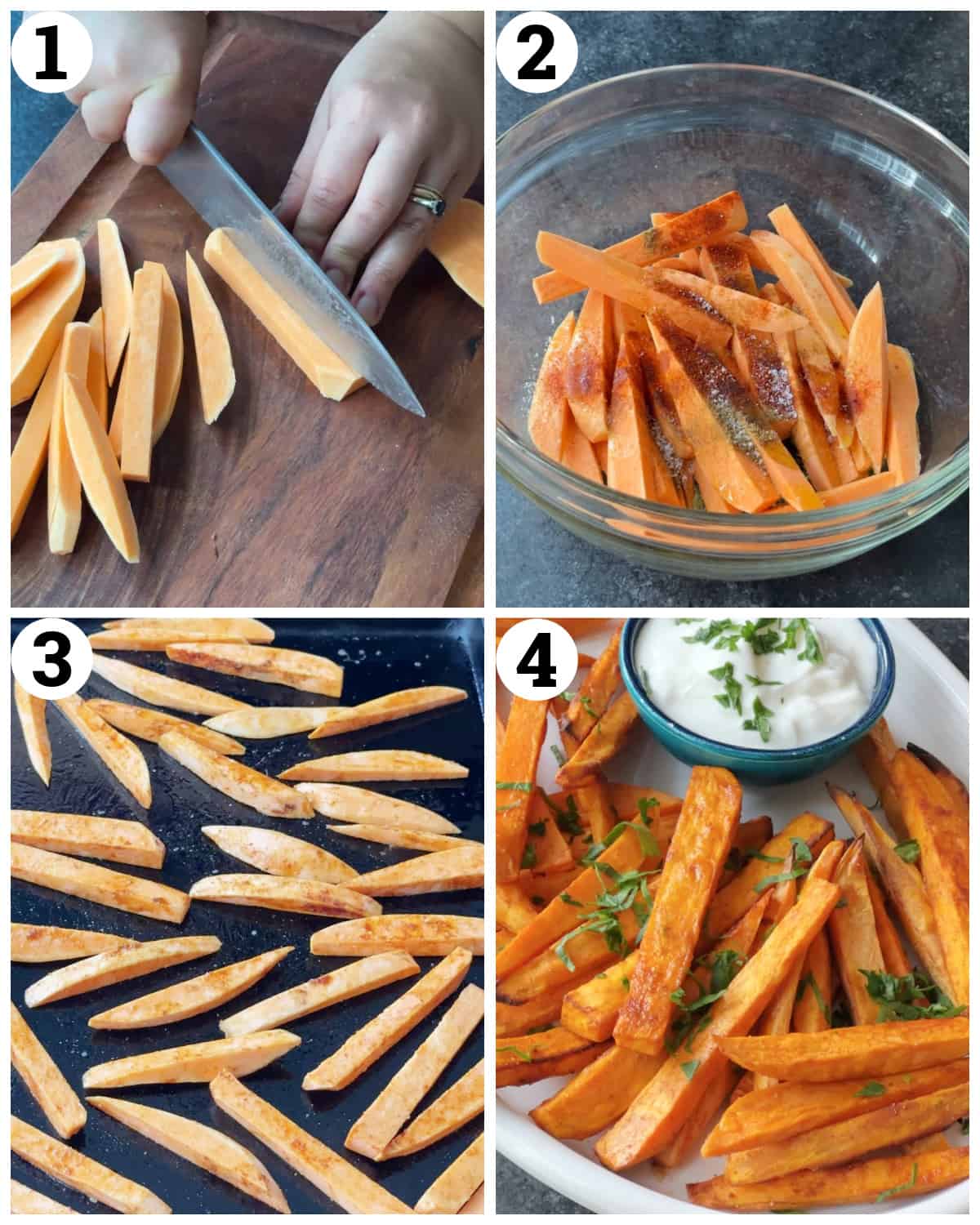Cut the sweet potatoes into sticks., mix with olive oil and spices then bake in the oven. 