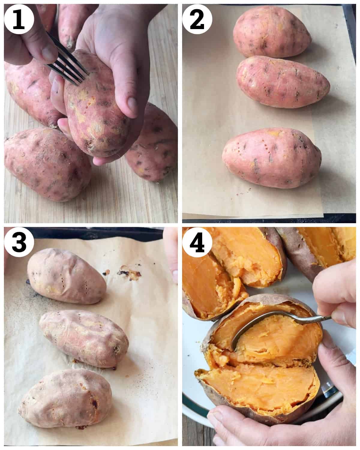 Wash, pierce and bake the sweet potatoes in the oven. 