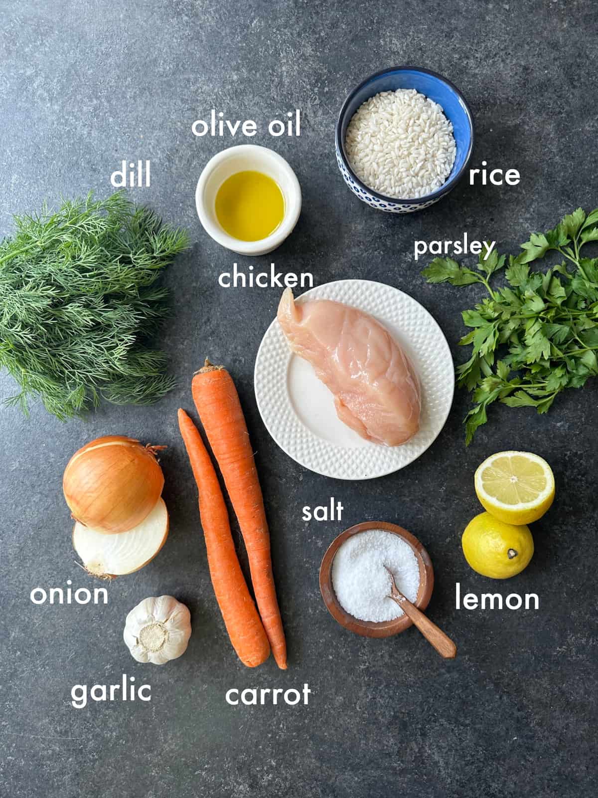 To make this recipe you need olive oil, onion, garic, carrots, chicken, lemon, rice, herbs and salt. 