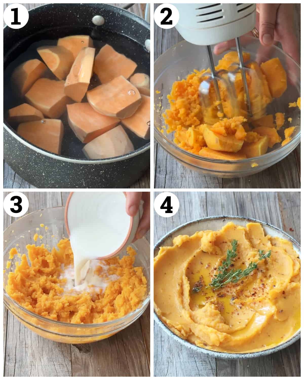 Cook the potatoes and mix them with milk and spices then plate.