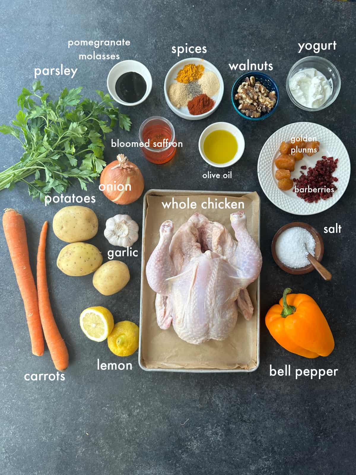 For this recipe you need chicken, spices, yogurt, oil, lemon and vegetables.