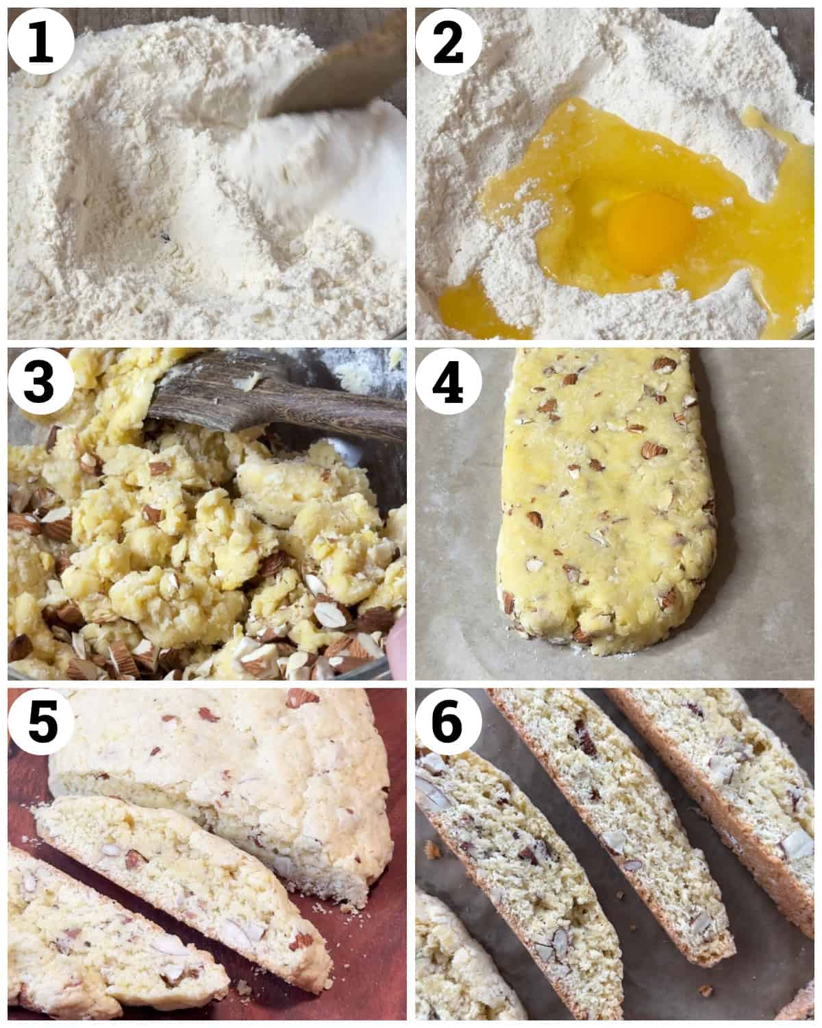 Mix the dry ingredients and add the butter and egg. Then add the almonds, shape and bake. Then slice and bake the slices again. 