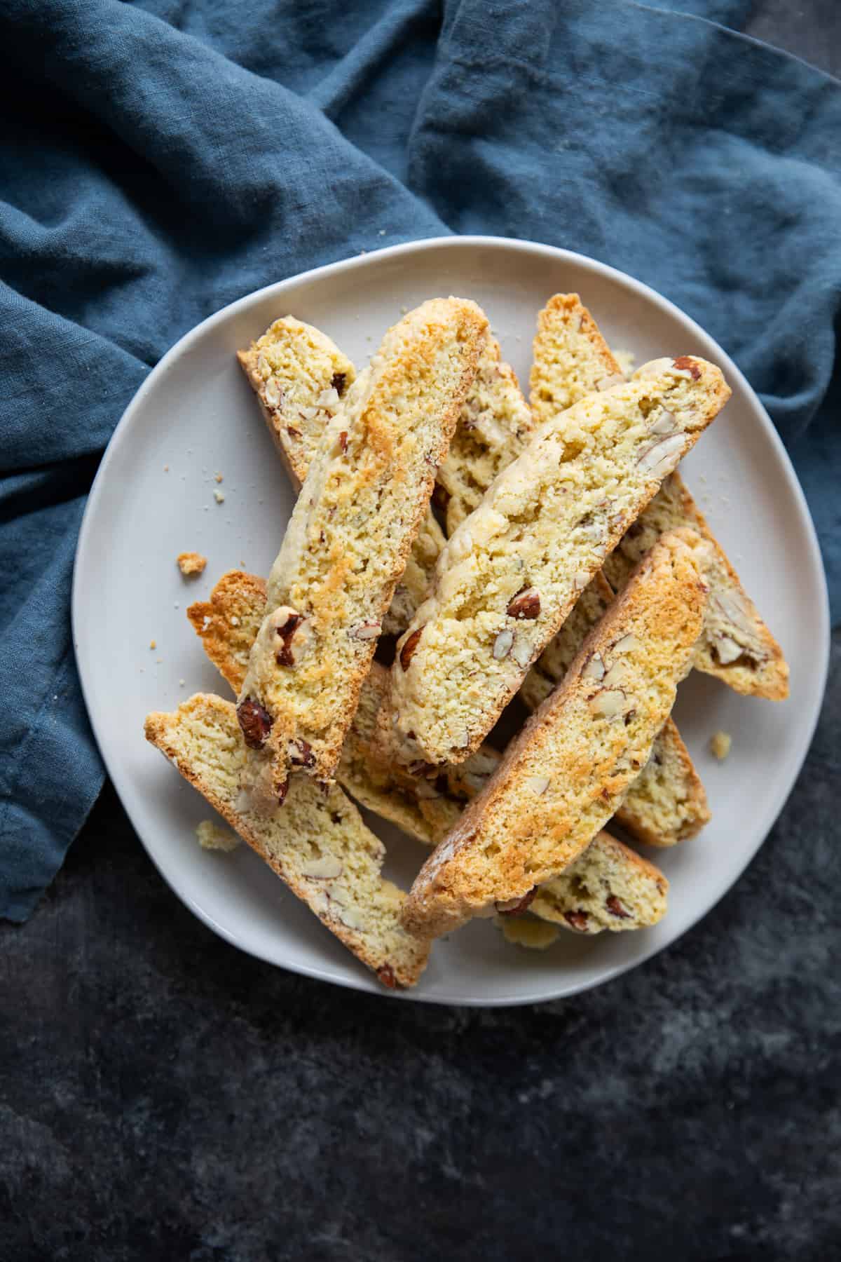 Overhead shot of almond biscotti on a plate. 