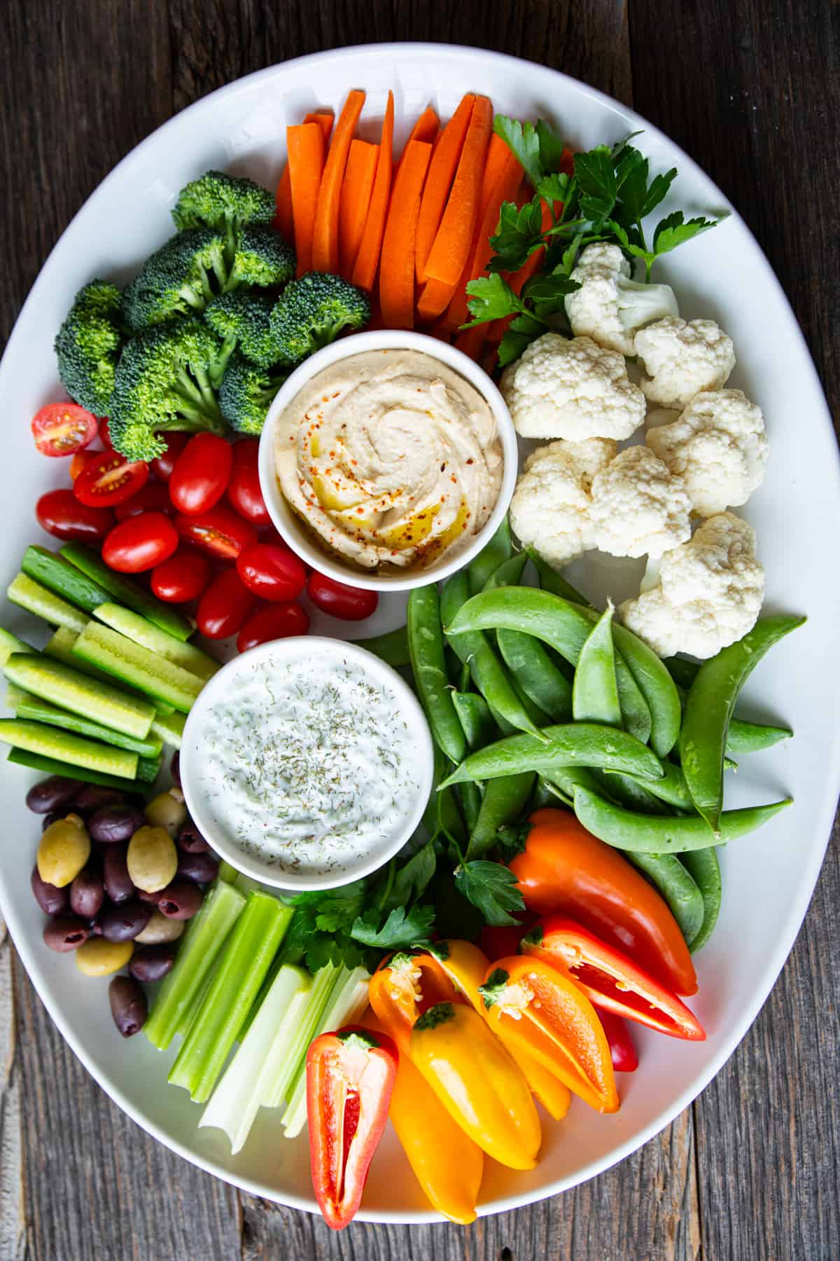 Overhead shot of French veggie platter known as crudites. 