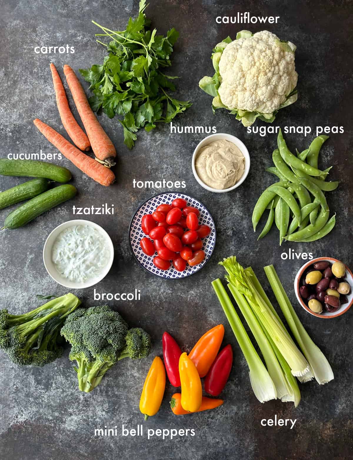To make crudites you need different vegetables and a couple of dips. 