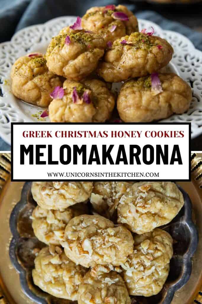 Melomakarona are Greek honey cookies that are soft with a pleasant orange cinnamon scent. These cookies are soaked in a spiced honey syrup and topped with crushed walnuts. You can make them ahead of time and enjoy them for the holidays.