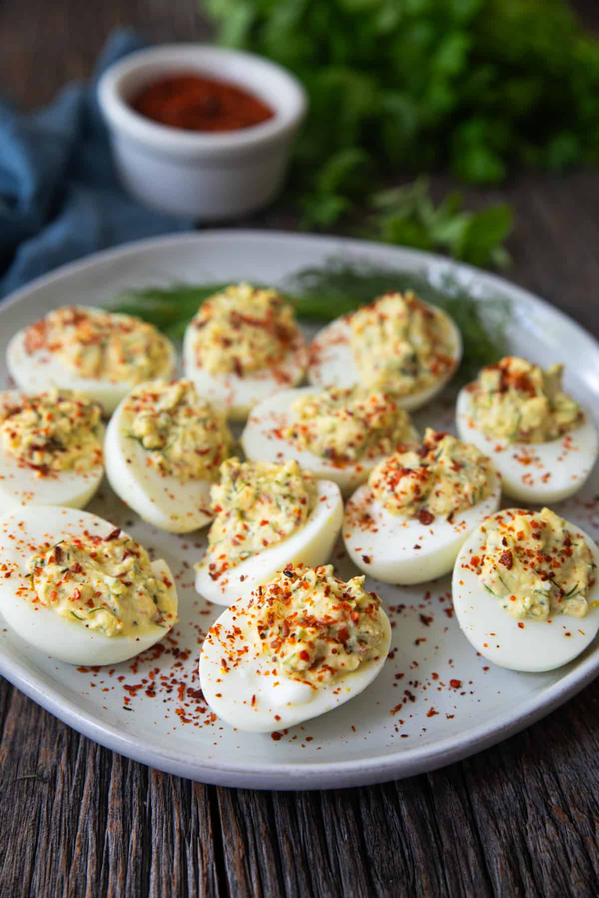 Front shot of Mediterranean deviled eggs.