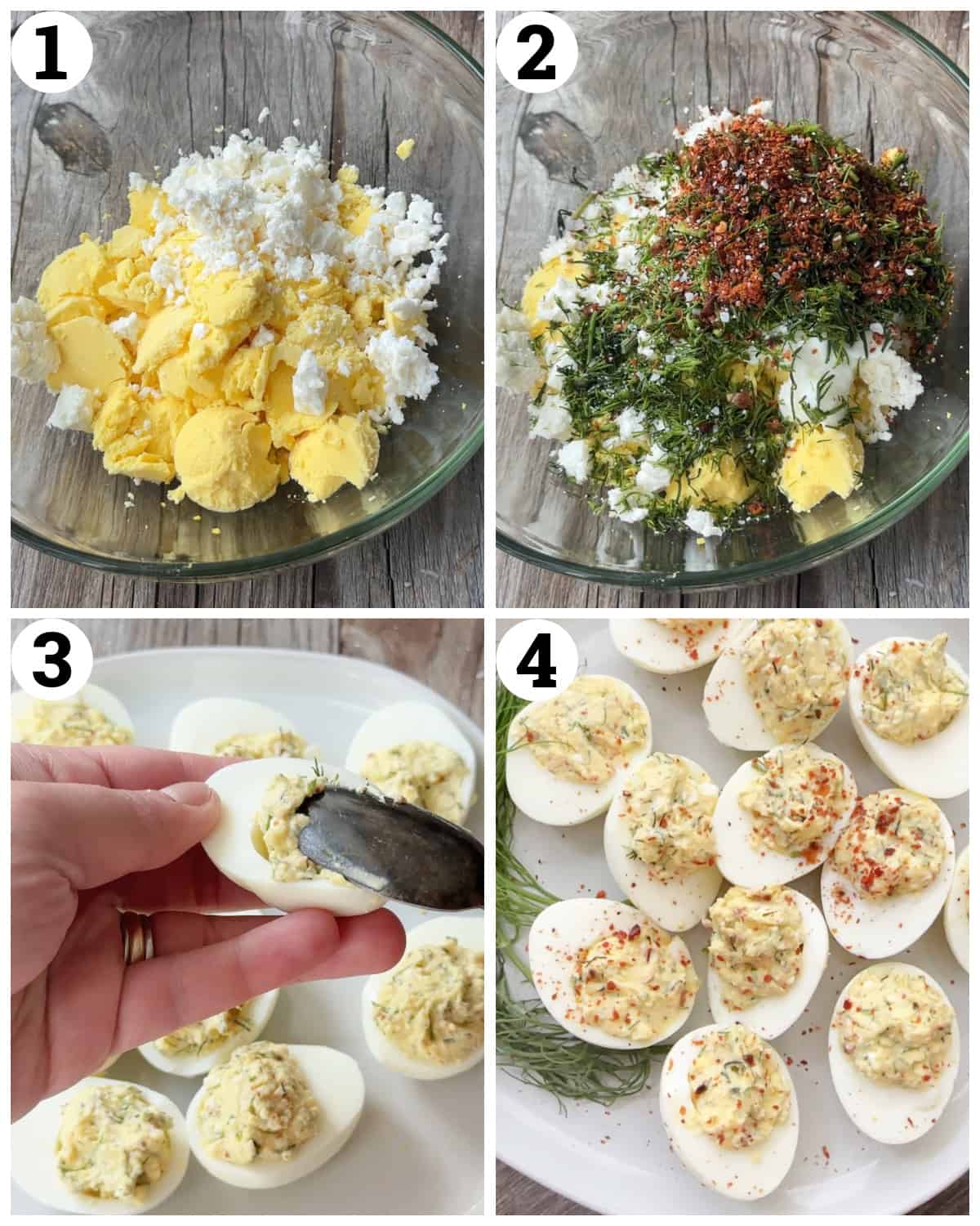 Mix the yolk with the yogurt, feta and spices and herbs. Spoon into the egg whites and serve. 